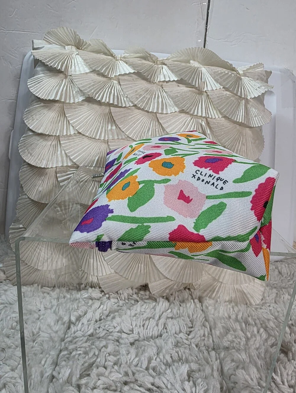 Clinique Floral Cosmetic Bag in White with Pink, Purple & Orange Blooms
